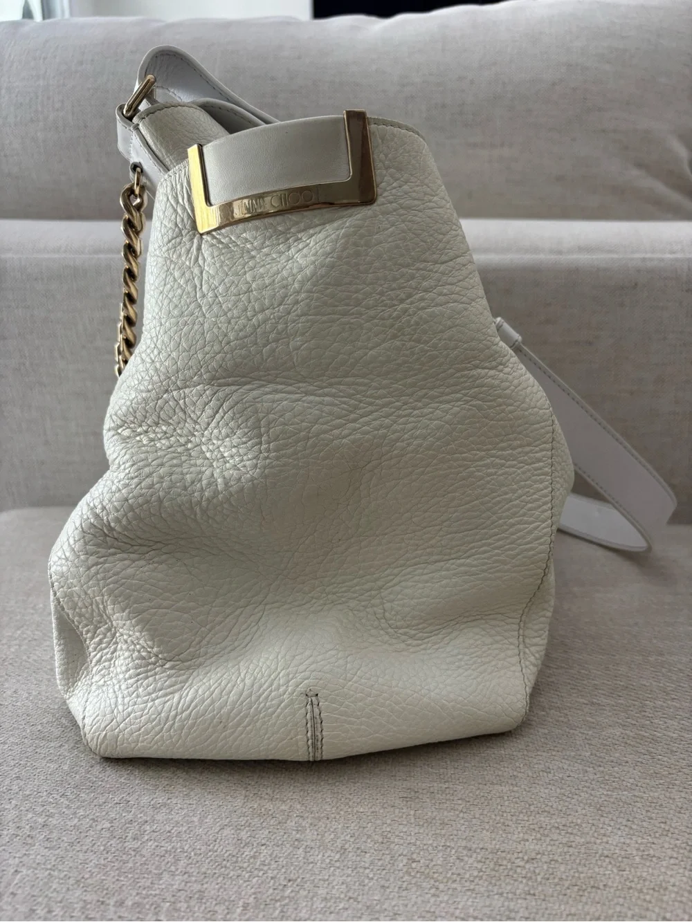 Jimmy Choo Cream and white Leather Shoulder Bag with Gold Chain Accent